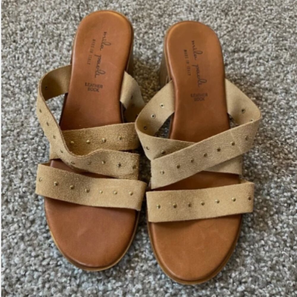 Mila Paoli Leather Sandal Slide Made in Italy Tan Size 9 Chunky Heel White Lotus
